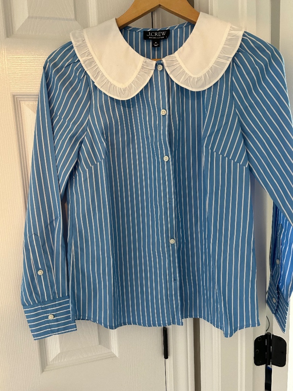 J. Crew Blue Stripped Shirt with Ruffle Collar